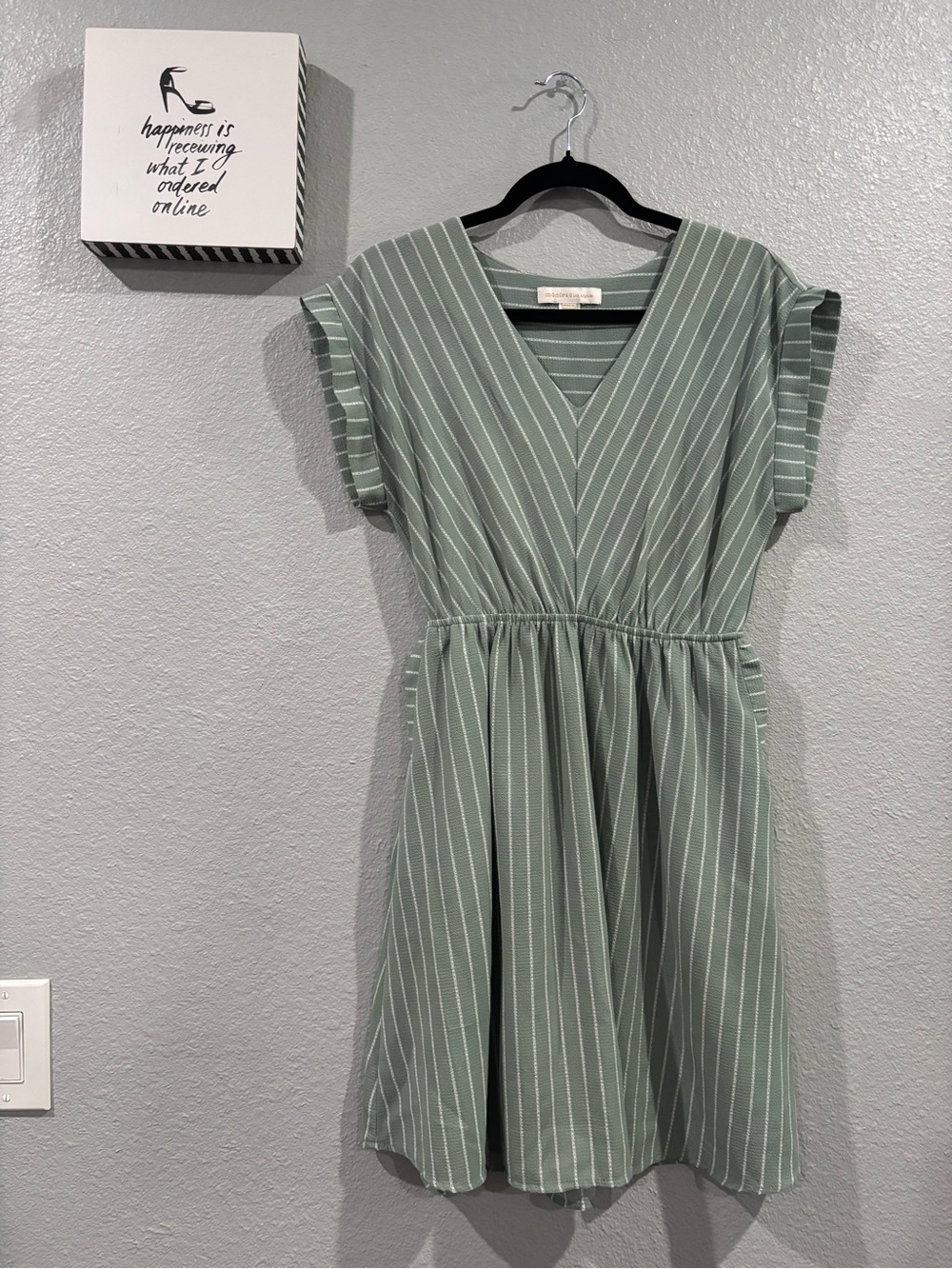 Monteau Sage Green Striped V-Neck Mini Dress with Flutter Sleeves